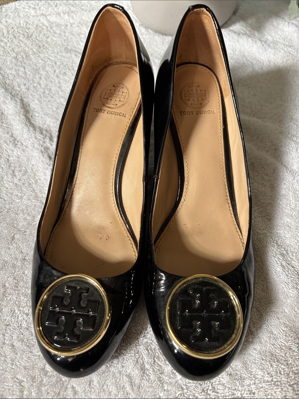 Tory Burch Black Patent Leather Logo Pumps with Gold Accent